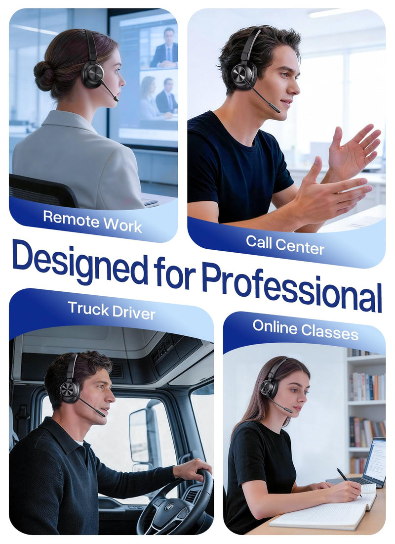 Trucker Bluetooth Headset, Wireless Headset with Microphone | USB Dongle, On Ear Bluetooth Headphones with AI Noise Cancelling 50H Playback Mute Button for Truck Driver Office Work, Black