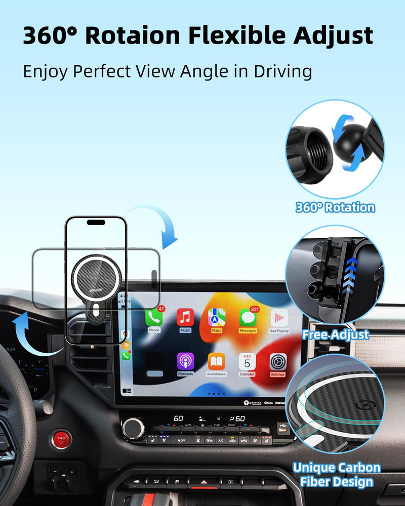 PZK Car Phone Mount for Toyota Tundra 2022-2026 /Sequoia 2023-2026 14-Inch | 3rd Gen Tudnra Accessories Magnetic 15W Fast Wireless Charger Phone Holder for Tundra Magsafe Phone Stand 360° Rotation Tundra 2022-2026/Sequoia 2023-2026 (14 inch)