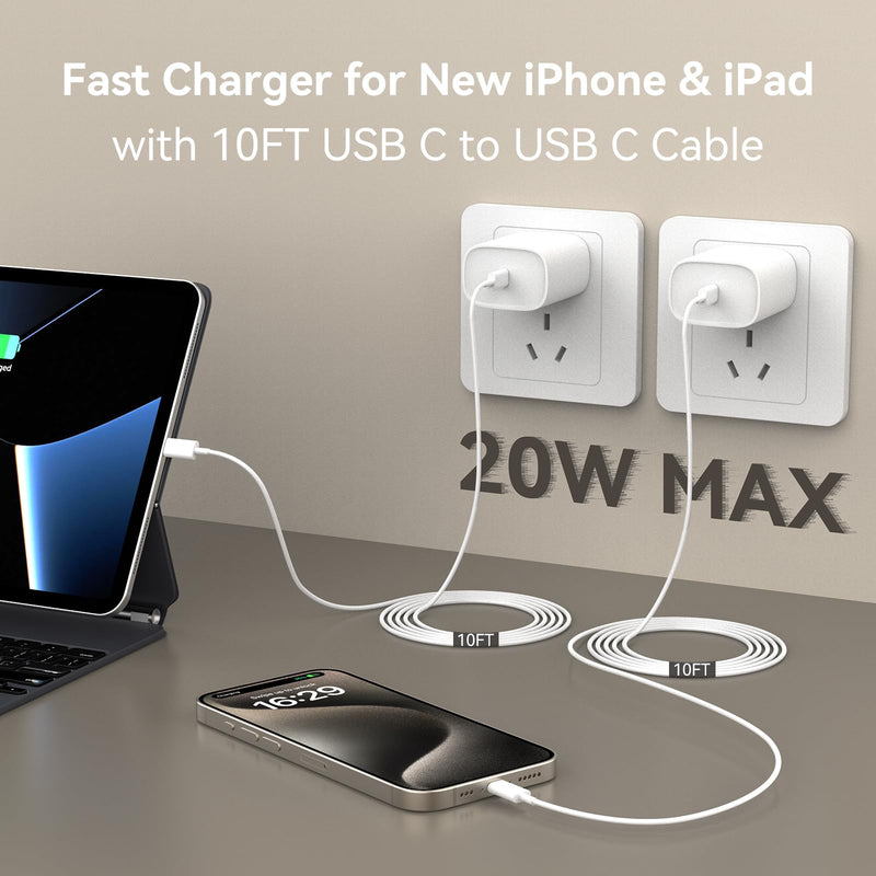 i Phone 15 Charger Fast Charging, iPad Charger 10 FT Long USB C to C Charging Cable Cord with 20W iPhone Fast Charger Block for iPhone 15/15 pro/15 pro max/15 Plus, iPad Pro11/12.9/air 5/4, Samsung white 10FT
