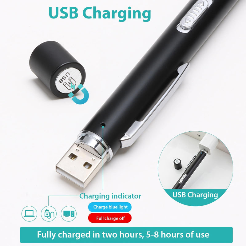 [AUSTRALIA] - Penriter Pupil Light Diagnostic Light with Pupil Meter and Ruler, Black Medical Lamp Pen Light with Warm/Cool White, Rechargeable USB Pen Lamp for Nurses Doctors 