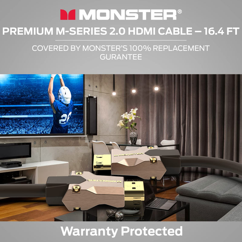 Monster M-Series Certified Premium HDMI Cable 2.0, High-Speed 22.5 Gbps, 4K UHD 60Hz, Triple-Layer Shielding, Duraflex Jacket, HDMI Cable for TV, Monitor, Gaming, PC, 16.4 ft 16.4-Feet