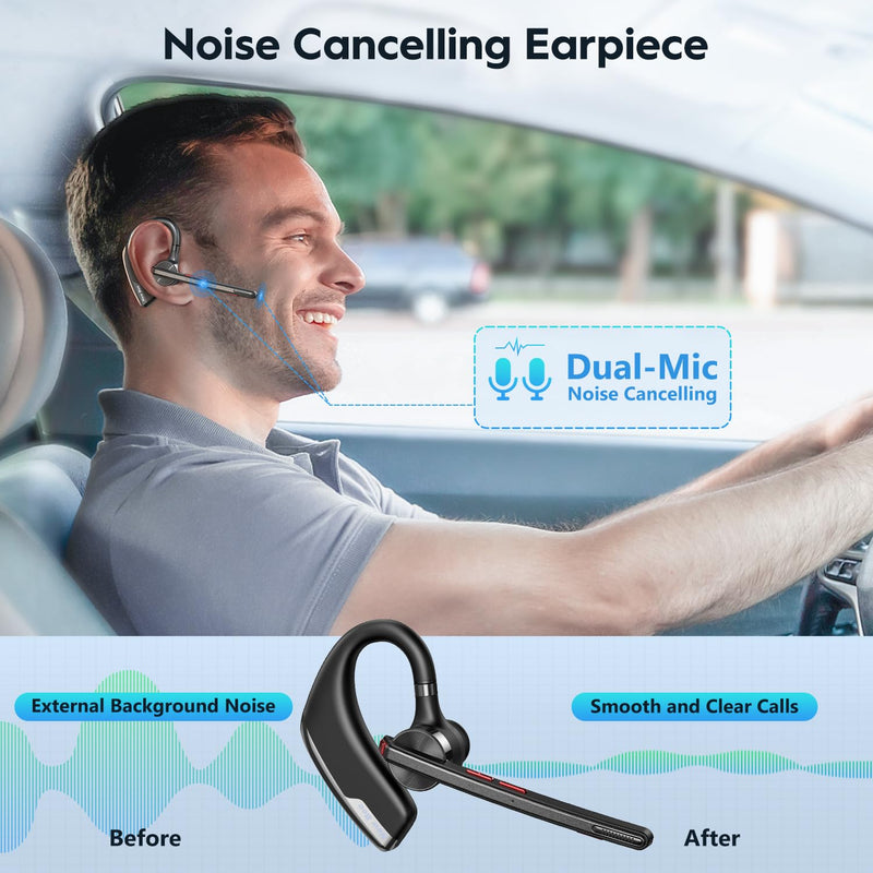 New Bee Bluetooth Headset, Wireless Bluetooth Earpiece for Cellphone with 500mah Charging Case 80h Playtime V5.2 Dual Mic Noise Cancelling Hands-Free Earphones for Office Driver 2 PACK