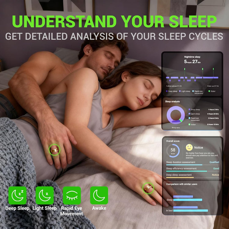Smart Ring - Free Heart Rate SpO2 Sleep Tracker | No Subscription | IP68 Waterproof Fitness Tracker | 24/7 Activity Monitor | Step Counter & Stress Tracking | Sleep & Workout (Gold, 8) Gold