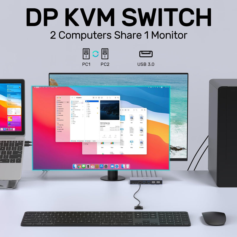 SUIDEK 8K@60Hz Displayport KVM Switch 1 Monitor 2 Computers, Aluminum | with 4 USB 3.0 Ports, Support 4K@144Hz for Two Computers Share One Screen Keyboard Mouse U-Disk Printer, Include 2 USB Cable 8K 1 Monitor 2 Dp