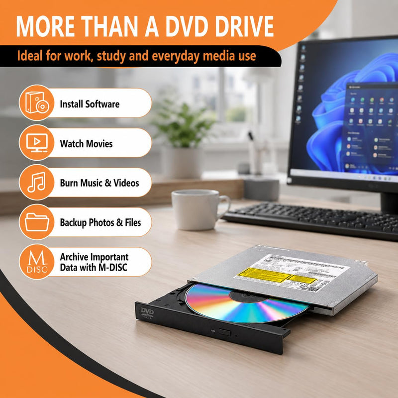 9.5mm SATA Internal DVD RW Drive, GUD1N Optical Drive | GUD1N slim tray-loading CD DVD burner writer, 8X DVD and 24X CD speed, M-DISC support, data cable included; not 12.7mm Thin‌
