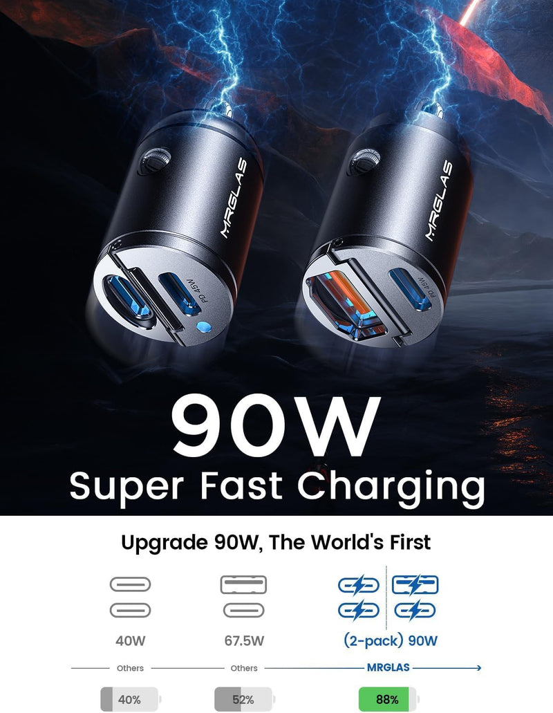 2-Pack 90W USB C Car Charger Fast Charging Type C Cigarette Lighter Adapter | [Super Mini Metal], [PD+QC]&[Dual PD] USB C RV Power Adapter iPhone 17 16 15 Pro Max iPad Samsung S26 25 [A+C, C+C] Black
