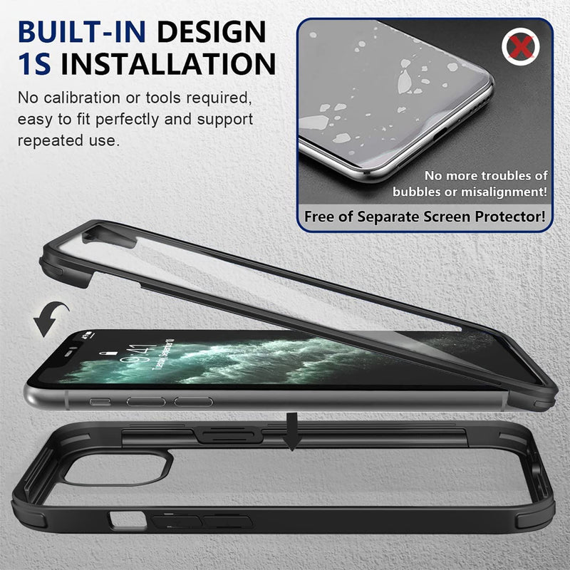 UBUNU Case for iPhone 12 Pro Max [6.7 inch], New Upgraded Dual Layer Full Body Protective Clear Phone Case with Built-in Screen Protector, Black