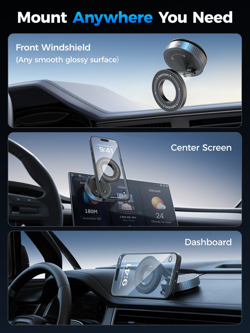 Magnetic Car Phone Holder for Magsafe, Nano Gel 360°Adjustable Vacuum Phone Holders for Your Car,[108+LBS Suction & 2800gf Magnetic] Car Phone Mount for iPhone 17/16/15/14/13/12 Series & Android 90