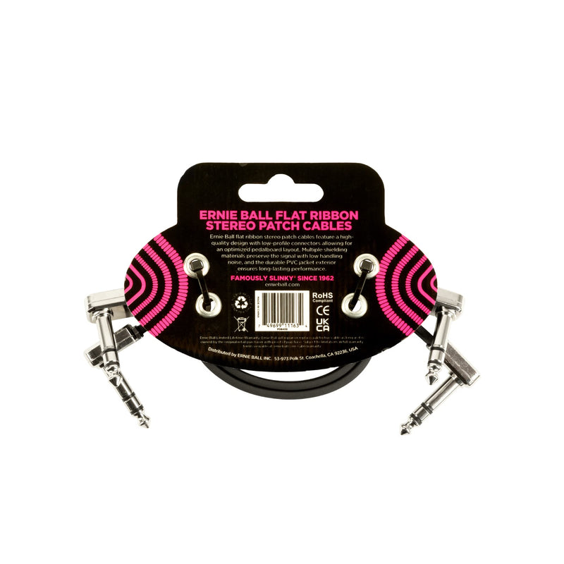 Ernie Ball Flat Ribbon Stereo Patch Cable 2-Pack, 12in Black (P06405) 12 inch