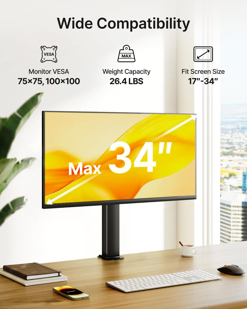 monTEK Powered Single Monitor Stand for 17-32", Clamp/Grommet | Heavy-duty monitor desk mount, integrated power outlet, adjustable arm and clamp/grommet mounting options