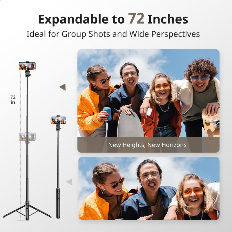 Sensyne 72" Phone Tripod, Extendable Tripod for iPhone & Selfie Stick with Detachable Phone Holder & Wireless Remote, iPhone Tripod Compatible with All Cell Phones, Camera