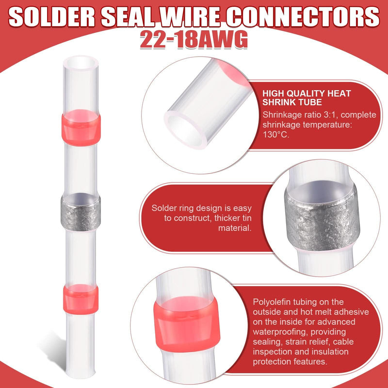 [AUSTRALIA] - Solder Connector with Heat Shrink Tube, Pack of 150 Solder Connectors, Red, AWG22-18 Cable Connectors, Waterproof Heat Shrink Tubing, Insulated Crimp Connectors, Butt Connector for Automotive, 150pcs Red AWG22-18 