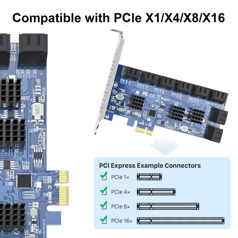16 Port PCIe SATA Card, SATA3.0 Expansion Card, X1, with 16 SATA cable, Support SSD and HDD 16-Port, PCI-e X1