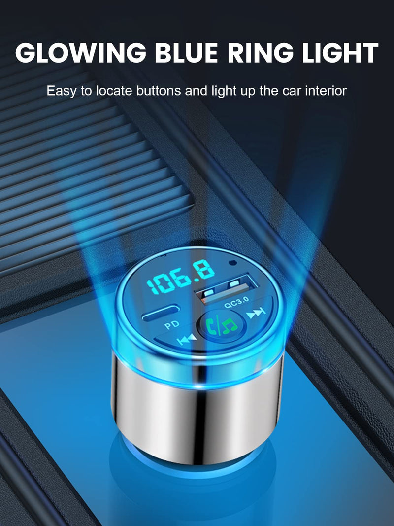 FM Transmitter for Car Bluetooth 5.3, [All-Metal] PD 30W & QC3.0 18W Fast Car Charger, Wireless FM Radio Car Kit Bluetooth Car Adapter, Noise Cancelling Hands-Free Call, Blue Light - Silver