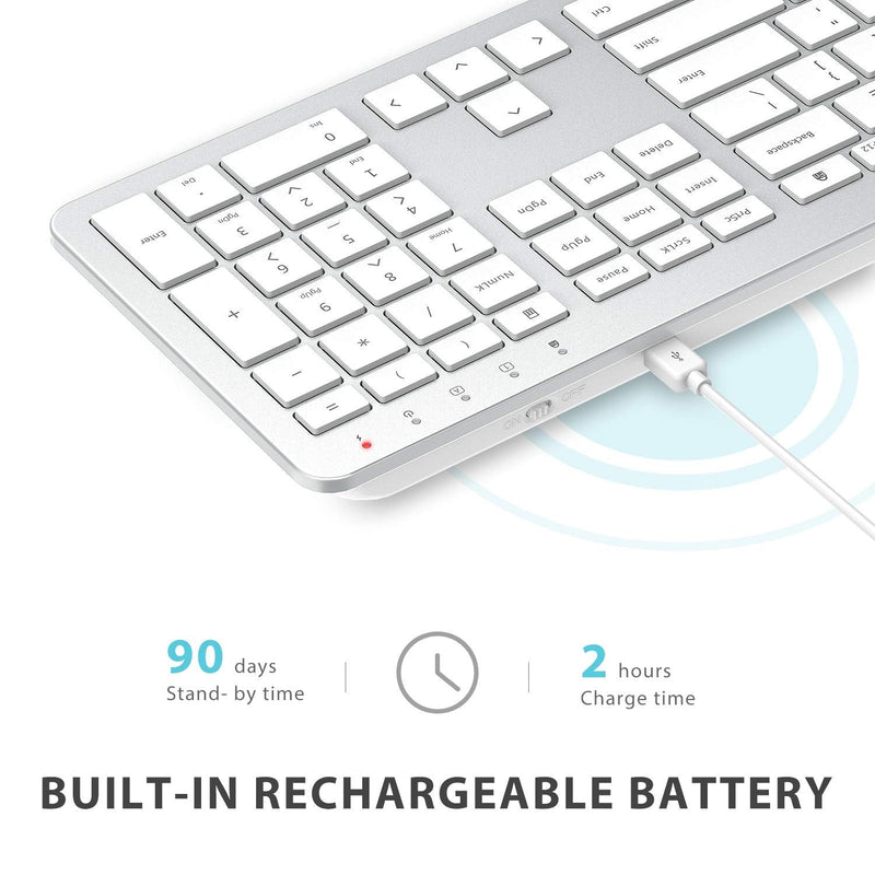 iClever GK08 Wireless Keyboard and Mouse - Rechargeable Keyboard Ergonomic Quiet Full Size Design with Number Pad, 2.4G Stable Connection Slim White Keyboard and Mouse for Windows Mac OS Computer Silver