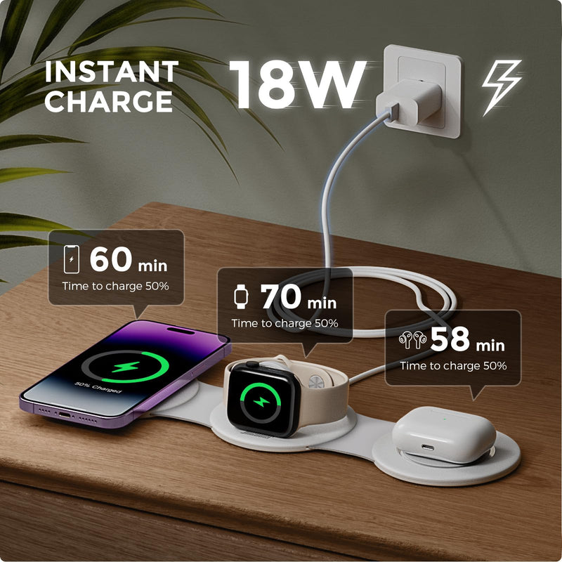[AUSTRALIA] - Hicober 3 in 1 Wireless Charging Station for iPhone 15, Magnetic Foldable Travel Charger Station Stand 18W for iPhone 16 15 14 13 12 Pro/Max/Plus/Apple Watch All Series & Airpods White 