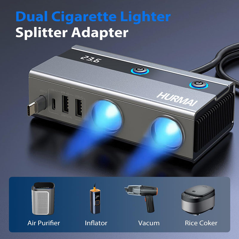 Dual Socket Cigarette Lighter Splitter Adapter with Retractable Phone Charger, 120W Heavy Duty Truck Car USB Chager Multi Port with PD/QC Charge USB C 12V/24V Independent Switches for Car Devices