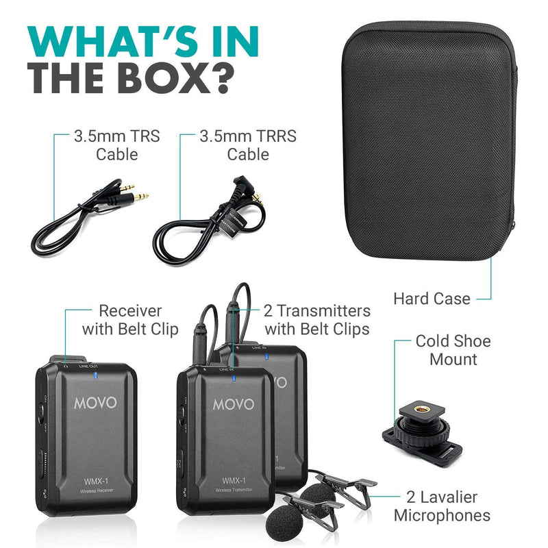 Movo WMX-1-DUO 2.4GHz Dual Wireless Lavalier Microphone System, Compatible with DSLR Cameras, Camcorders, iPhone, Android Smartphones, and Tablets, 200ft Audio Range, Great for Teaching Tutorials 2 Transmitters