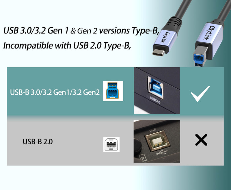 OkyLink Active USB 3.0 USB-C to USB-B Cable, Male-to-Male 5Gbps 32ft | 10M, USB 3.2 Gen1, flame-retardant, for KVM, MIDI keyboard, printer, scanner, camera, hard drive enclosure USB3.0(5Gbps) 32ft (10m)