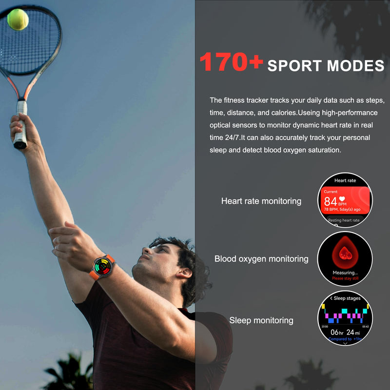 Military Smart Watch for Men, Built-in GPS, 30-day standby, 1.43" AMOLED | Compass & Altimeter for outdoors，Tactical flashlight, 170+ Sport Modes & Bluetooth Calls. iOS/Android Compatible. Black & Orange (2 Bands)