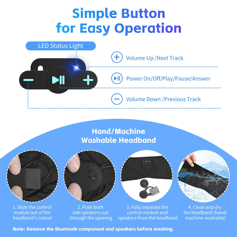 Sleep Headphones Bluetooth 6.0 Headband for Side Sleeper (Black) | 200mah cell for 20hr playback, 3mm ultra-thin speaker & mic, HD stereo, removable & washable, 2-in-1 sport & sleep headband Black