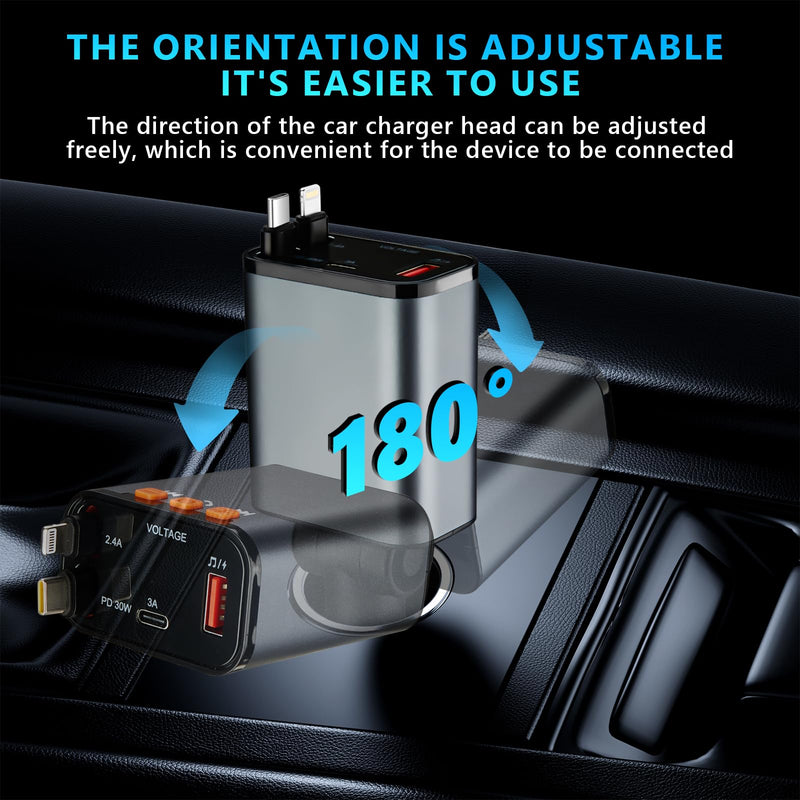 [AUSTRALIA] - Retractable Car Charger,5 in 1 Fast Cars Phone Charger 60w,Bluetooth 5.3 FM Transmitter Adapter,Handsfree Call,MP3 Player,2 Retractable Cables and USB Chargers, for Phone,Galaxy,Pixel (Black) Black 