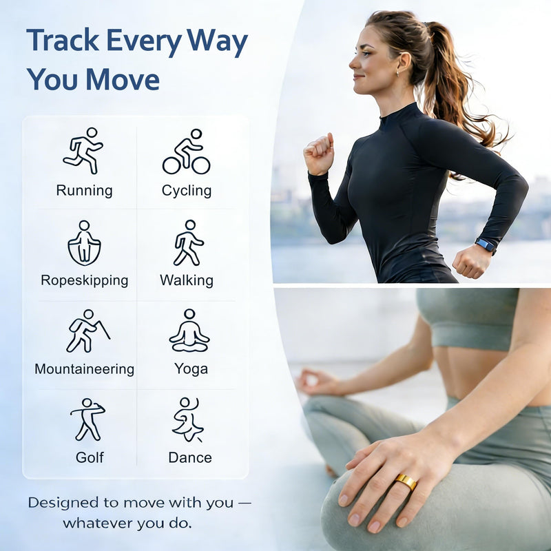 Smart Ring Health & Fitness Tracker for Men & Women, Heart Rate, SPO₂, Sleep & Activity Monitoring, IP68 Waterproof, Long Battery Life, Family Care Mode, No Subscription Fee (Gold, 8) Gold
