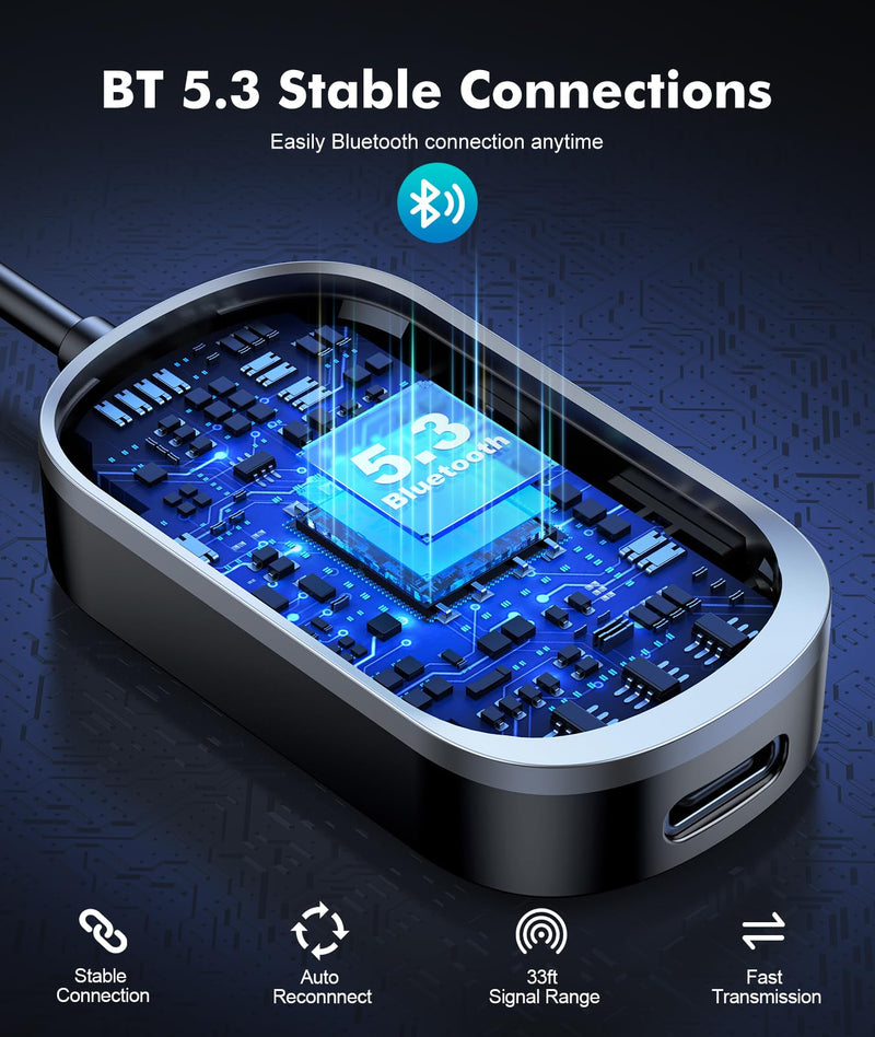 2 in 1 Bluetooth Transmitter Receiver, Wireless Bluetooth 5.3 Adapter - Dual Pairs for AirPods, All Headphones, Use with 3.5mm Aux Audio Jack on Airplane, Home/Car Stereo, Gym, iPad/Tablets