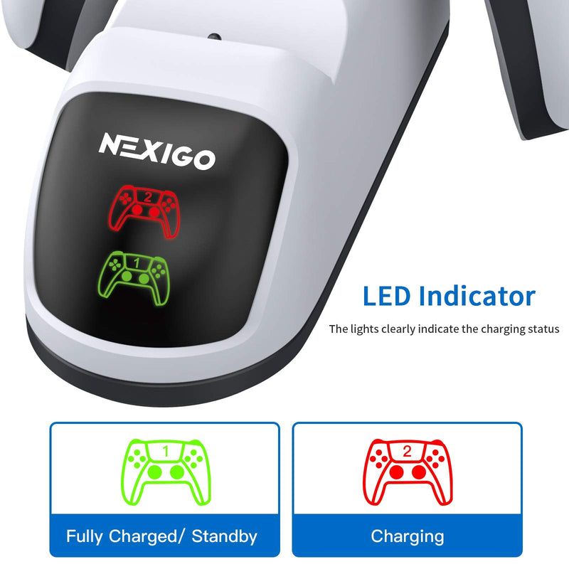 NexiGo Enhanced PS5 Controller Charger, Dual Charing Station with LED Indicator, High Speed, Fast Charging Dock for Playstation 5 DualSense Controller, White USB Charging