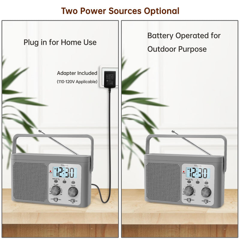 DreamSky AM FM Radio Portable - Shortwave Radio Battery Powered or Plug in Wall for Home Outdoor, Strong Reception, Large Dial Easy to Use, Digital Time Display, Transistor Antenna, Seniors Small Gift Grey