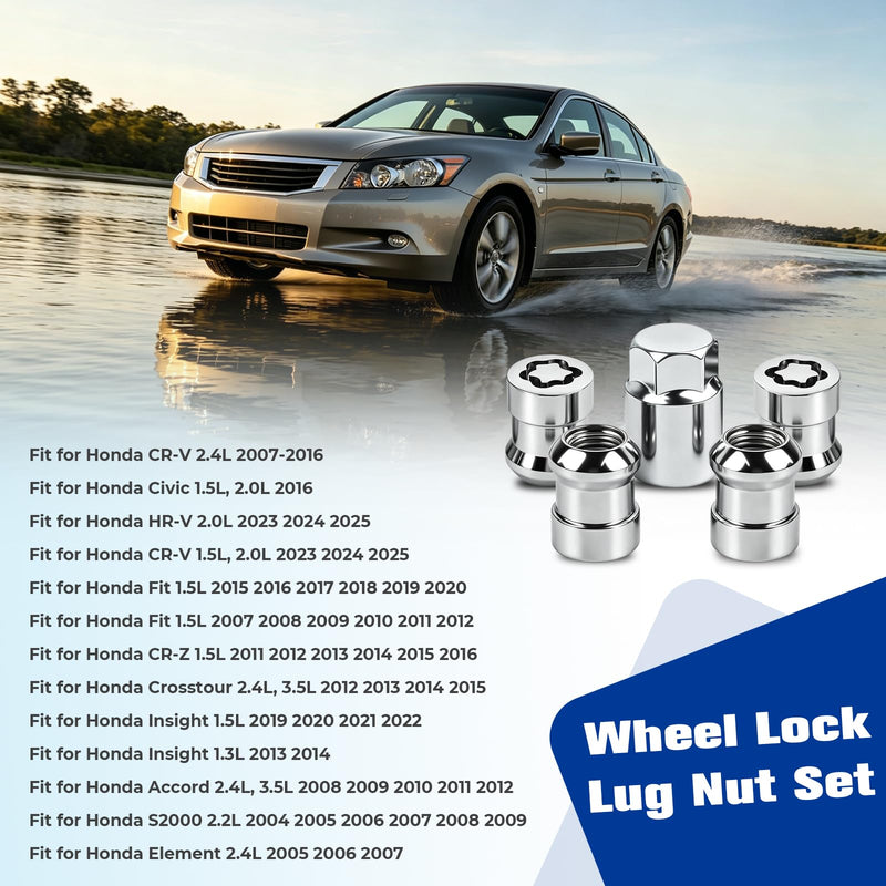 Wheel Lock Lug Nut Anti Theft Set for 2004-2025 Honda Accord CR-V Civic Fit | For 2008-2012 Accord, 2007-2016, 2023-2025 CR-V, 2016 Civic, 2023-2025 HR-V, 2007-2012, 2015-2020 Fit, 2011-2016 CR-Z
