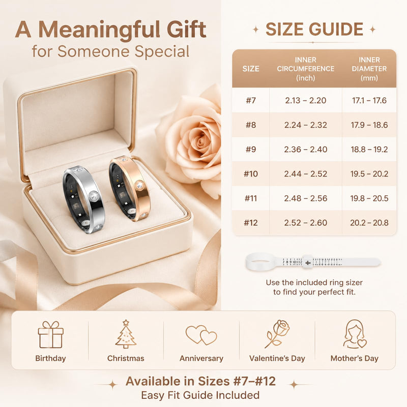 Ladies Smart Ring for Women Health Ring Heart Rate Monitor Sleep Tracker Fitness Tracker Calories Step Counter Pedometer Gesture Control Waterproof Compatible with iOS Android Phones Elegant Ring Elegant Diamond-Studded Ring-Champagne gold