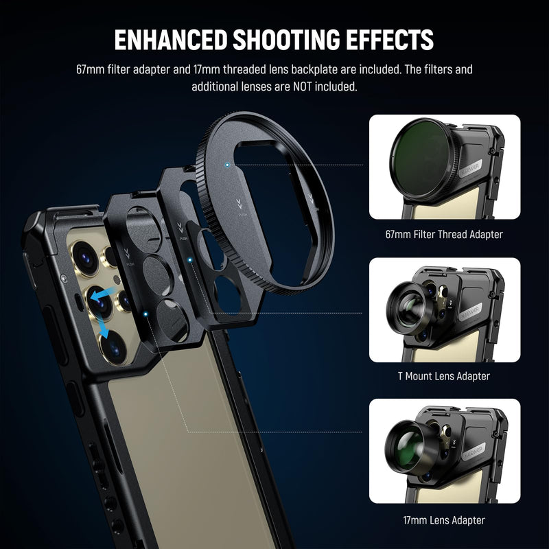 [AUSTRALIA] - NEEWER S24 Ultra Phone Cage with 67mm Filter Adapter, 17mm Lens Backplate, T Mount Lens Adapter, Smartphone Video Rig Stabilizer Compatible with Samsung Galaxy Moment T Series Lenses, PA042 