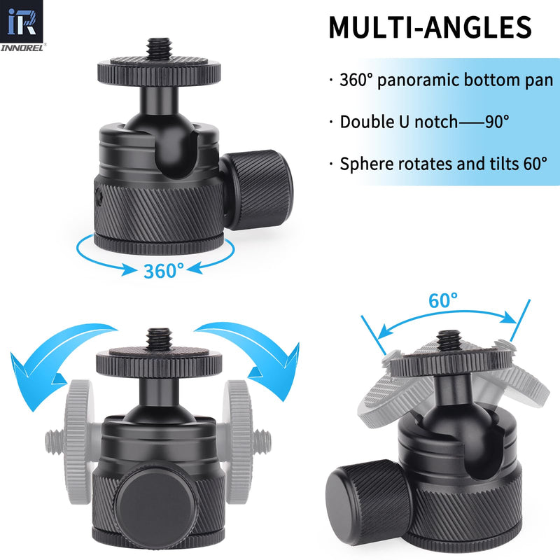 Mini Ball Head-INNOREL C19 Mount Tripod Head-CNC Metal Low Profile Ballhead 360° Pan 90° Tilt Tripods Mount with 3/8" to 1/4" Adapter Ballheads, Max Load 6.61 lb/3kg for Phone/DLSR Camera/Mini Holder