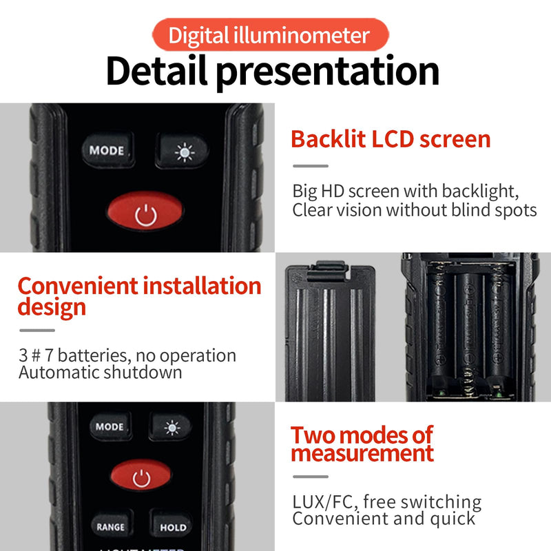 [AUSTRALIA] - Digital Illuminance Light Meter Tester 200,000Lux Meter (18,500FC) Luxmeter Lighting Intensity Brightness Measurement Tool for Indoor Outdoor Grow Plants Film Photography lumens LED Photometer 