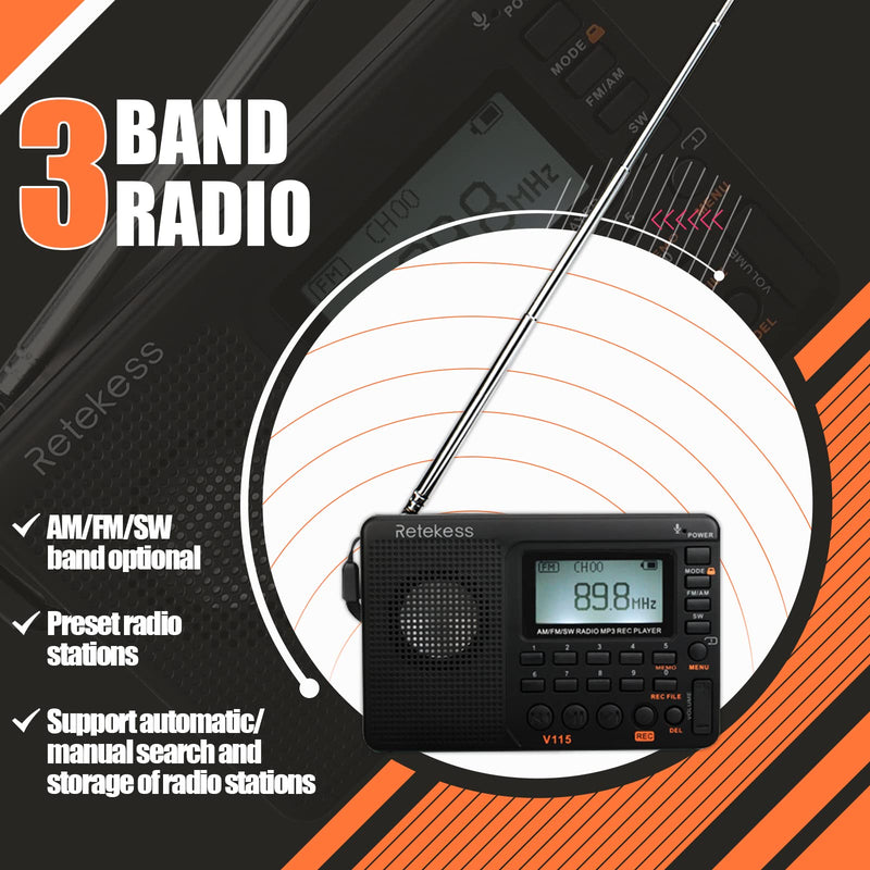 Retekess V115 Shortwave Radio, Digital Radio AM FM, Shortwave Receiver with 1000mAh Rechargeable Battery, Presets, TF/AUX Playback and Recording, Bass Speaker, for Camping AM FM SW
