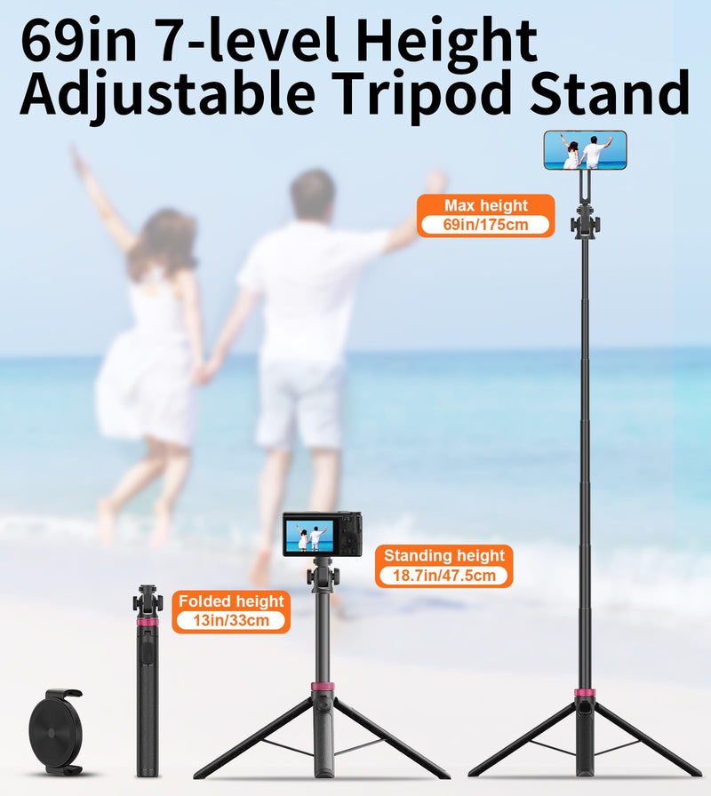 [AUSTRALIA] - 69" Magnetic Phone Tripod with Phone Clamp,Selfie Stick Monopod for Magsafe with Remote & Phone Mount Adapter,Portable Tripod for iPhone/Android,Digital Camera Accessory Kits,Photo,Vlogging,Travel 69 in Black 