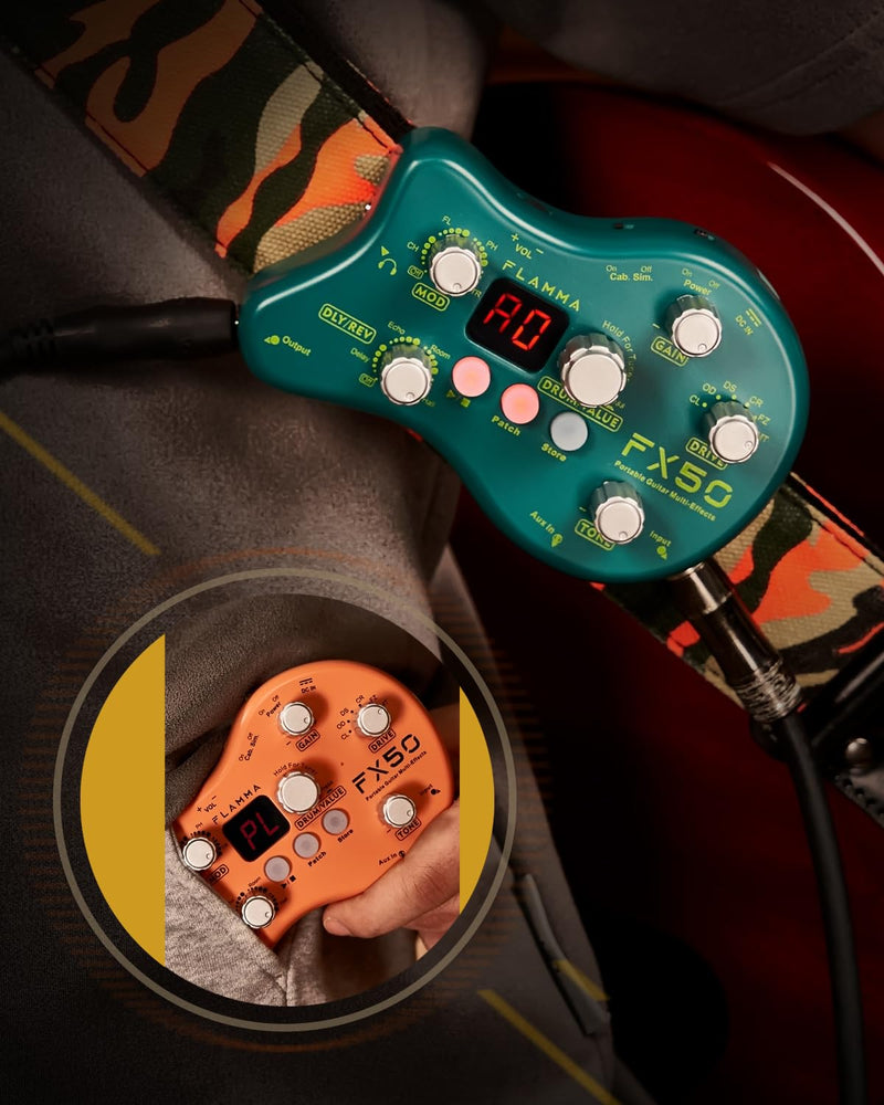 FLAMMA FX50 Practice Guitar Pedal Multi Effects Pedal Mini Portable with 40 Drum Rhythms15 Effects 32 Patches Tuner Function Support Both Corded and Battery Powered FX50 Orange