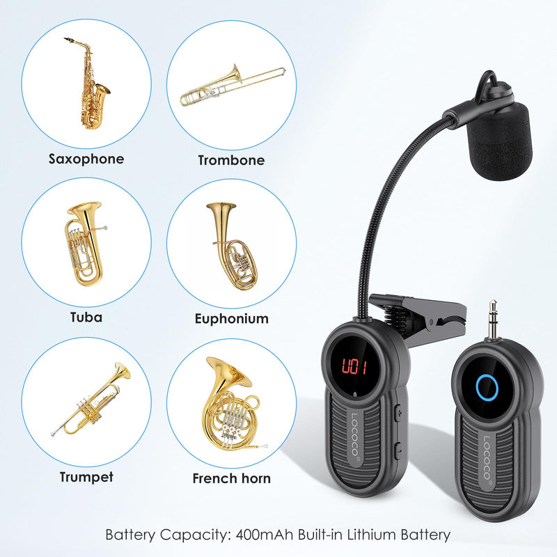 Wireless Saxophone Microphone System for Instruments: UHF Rechargeable Instruments Microphone Receiver and Transmitter - 160ft Range. Plug and Play - Clip-on Mics Suitable for Sax Trumpet, Trombone LG-06