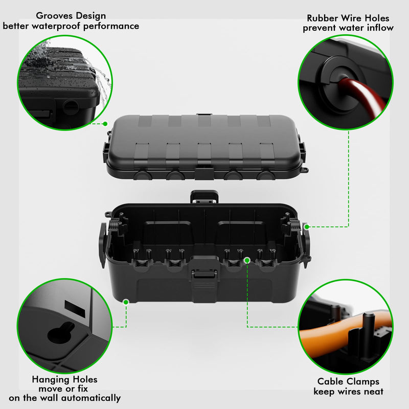 RESTMO Outdoor Electrical Box, IP54 Weatherproof Extension Cord Cover with 6 Cable Entry Ports, Waterproof Connection Box Protect Power Strip, Timer, Plug, Holiday Lights, (11.5x5.2x4 inch), Black 1 Pack