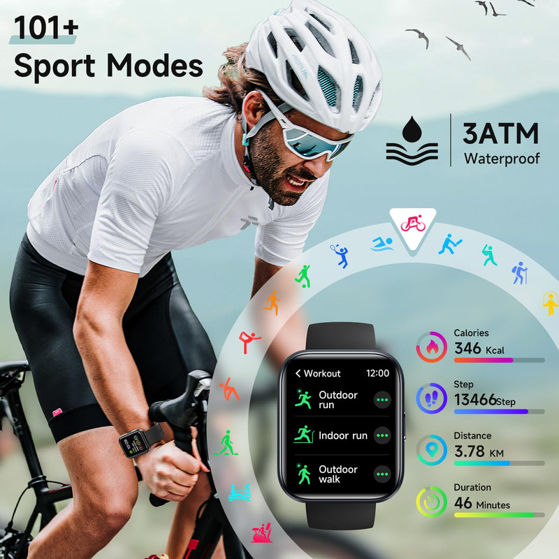 Smart Watch for Men Women, 1.8" Fitness Tracker for Android & iPhone, Answer/Make Calls, Alexa Built-in, Heart Rate/Sleep/SpO2 Monitor Smartwatch, 3ATM Waterproof Watches, 101+ Sport Modes, 2 Bands Matte Black 1.8 inches
