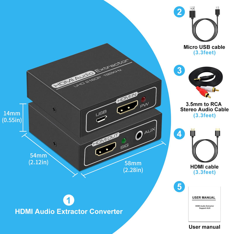 DONGJIAN HDMI Audio Extractor,4K HDMI to HDMI with Audio 3.5mm AUX Stereo and L/R RCA Audio Out,HDMI Audio Converter Adapter Splitter Support 4K 1080P 3D Compatable for PS3 Xbox Fire Stick.