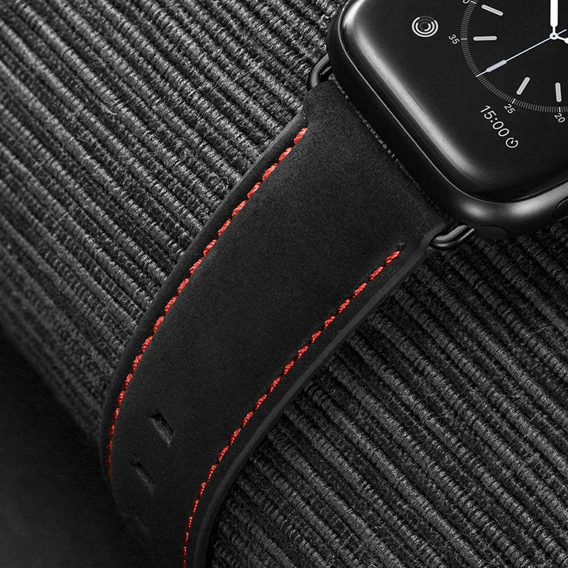 Bundle Leather Band Compatible with Apple 44mm 42mm Mens Vintage Black Leather Strap Red Dot XL Dressy Bands with Black Buckle Adapters for iWatch 6 5 4 3 2 1 SE, 44 42mm Band