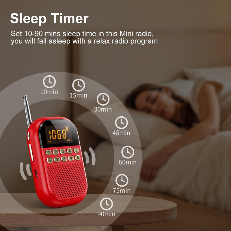 [AUSTRALIA] - Pocket AM FM Radio:1100mAh Rechargeable Radio Supports Bluettoth, Mini FM AM Receiver with Large Speaker, Stereo Earphone, Sleep Timer, Easy to use for Jogging, Walking Red 