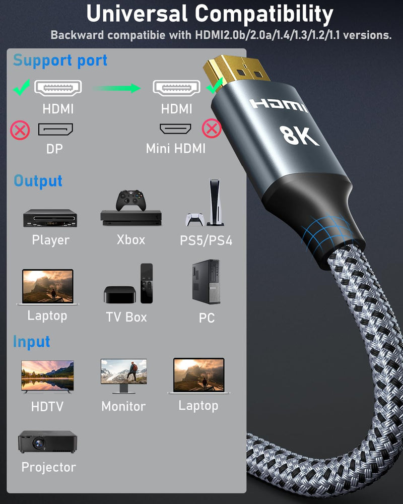 ARISKEEN 8K HDMI Cable 60FT, 48Gbps High Speed Fiber Optic HDMI 2.1 Cable, 8K 60Hz, 4K 120Hz Support for HDR 10, HDCP 2.2 2.3, Unidirectional Braided HDMI Cord Compatible with Laptop/HDTV - 60 Feet 1