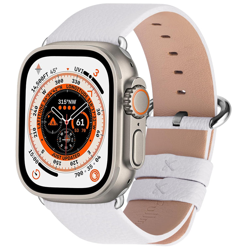 Fullmosa Compatible Stainless Steel Apple Watch Band Ultra/Ultra2 49mm Silver with Case & Compatible Leather Apple Watch Band Ultra/Ultra2 49mm,White