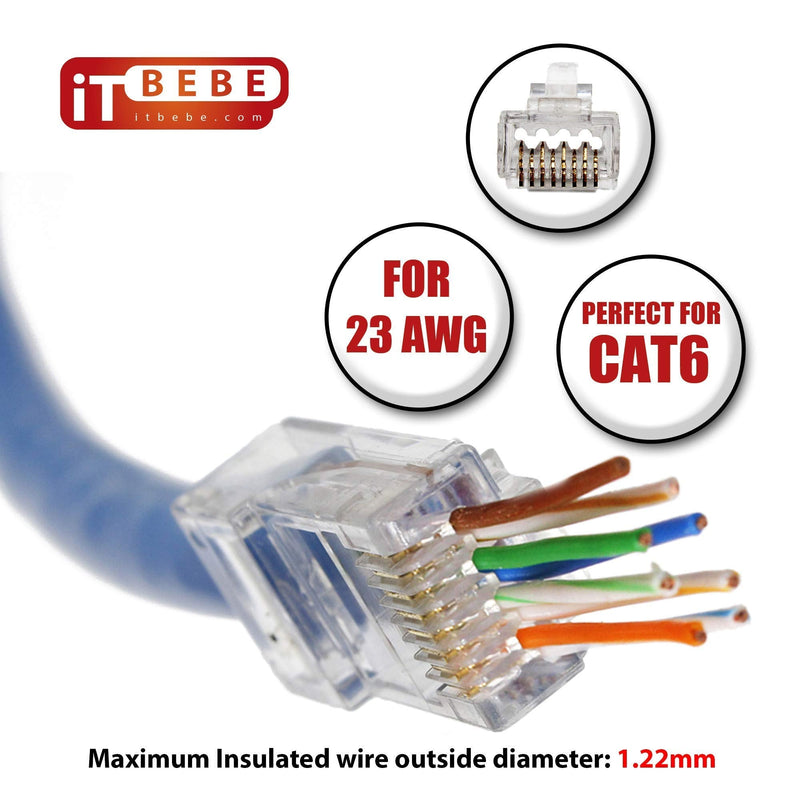 ITBEBE 300 Pieces RJ45 Cat6 cat6a Pass Through Connectors - Gold Plated Transparent Passthrough Ethernet Insert Crimp Connector UTP Network Plug for 23 AWG Cables Quantity 300