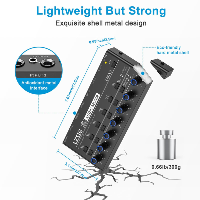 LZSIG Mini Audio Mixer,Stereo Line Mixer for Sub-Mixing,Ultra Low-Noise,6-Channel,Microphone Independent Control, 1/4" & 1/8" TRS Output and Input, for Guitars,Bass,Keyboards Medium(6-channel)