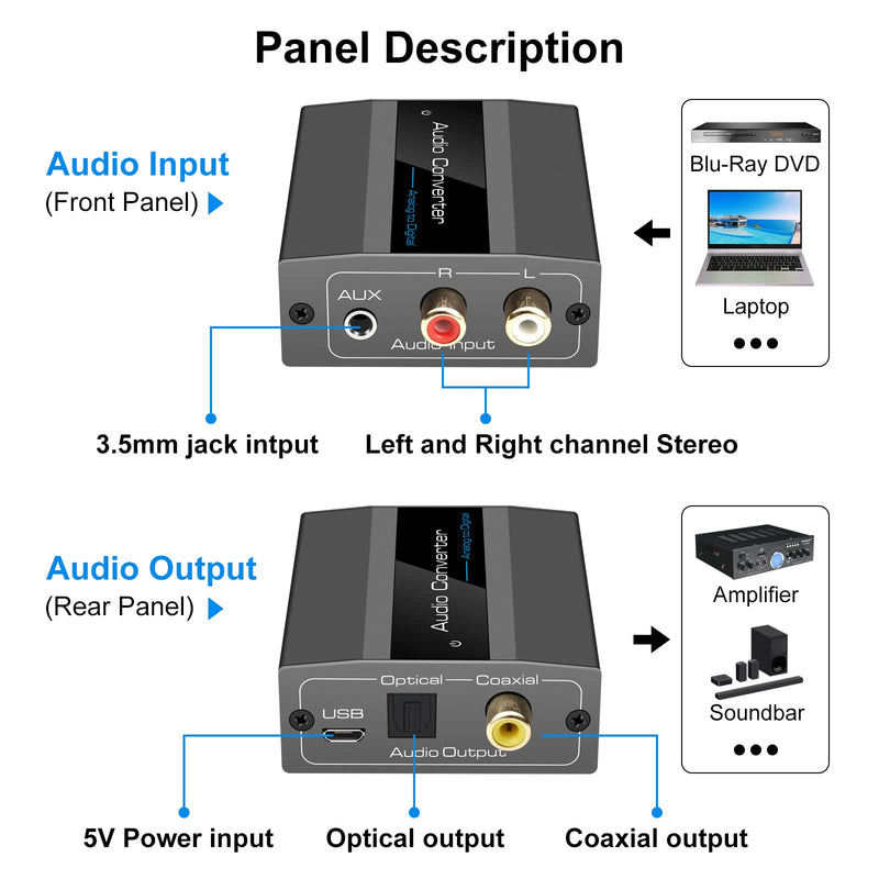 Analog to Digital Audio Converter RCA R/L to Optical with Optical Cable 3.5mmAUX Jack to Digital Toslink and Coaxial Audio Adapter for Soundbar