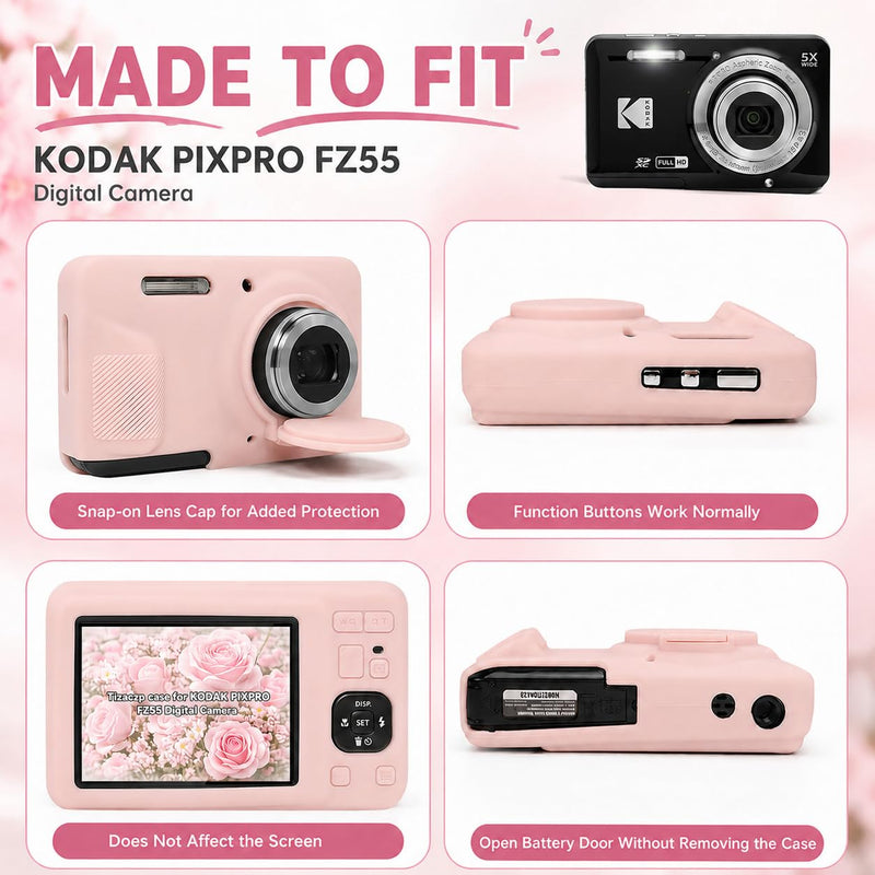 Case for Kodak PIXPRO FZ55 with Wrist Strap | Soft Silicone Protection case,Screen Protectors,Removable Lens Cover,Scratch-Resistant Slim Lightweight SmokedPink